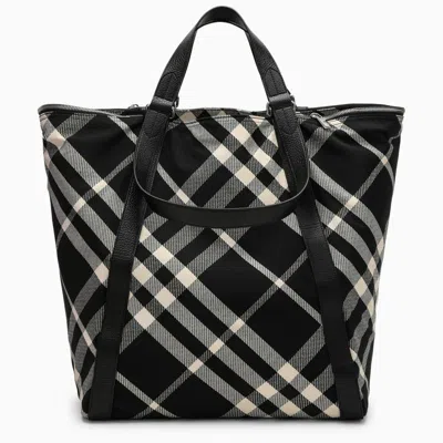 Burberry Black/calico Cotton-blend Tote Bag With Check Pattern