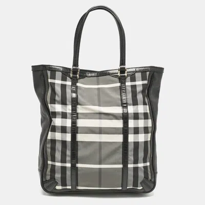 Pre-owned Burberry Black/charcoal Check Nylon Medium Marlow Tote