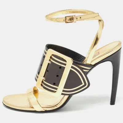 Pre-owned Burberry Black/gold Leather Buckle Detail Ankle Strap Sandals Size 39