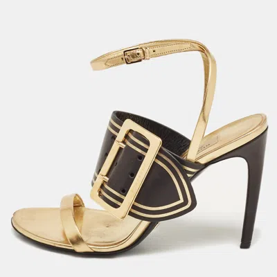 Pre-owned Burberry Black/gold Leather Buckle Padstow Ankle Strap Sandals Size 38.5