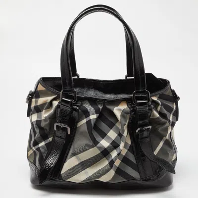 Pre-owned Burberry Black/grey Beat Check Canvas And Patent Leather Lowry Tote