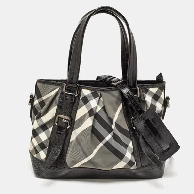 Pre-owned Burberry Black/grey Beat Check Nylon And Patent Leather Lowry Tote