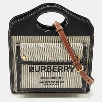 Pre-owned Burberry Black/grey Leather And Canvas Mini Pocket Tote