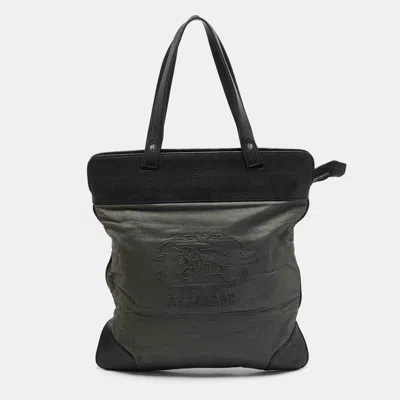 Pre-owned Burberry Black/grey Logo Embroidered Fabric And Leather Flat Tote