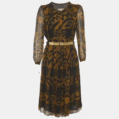 Pre-owned Burberry Black/mustard Abstract Print Silk Midi Dress M