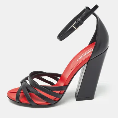 Pre-owned Burberry Black/red Leather Hove Heel Ankle Strap Sandals Size 36