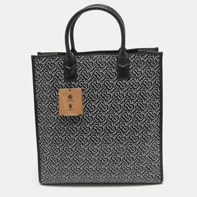 Pre-owned Burberry Black/white Tb Logo Leather Vertical Danny Tote