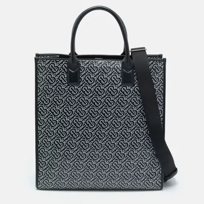Pre-owned Burberry Black/white Tb Logo Leather Vertical Denny Tote