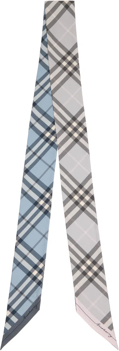 BURBERRY BLUE & GRAY SKINNY CONTRAST CHECK SILK SCARF