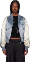 Burberry Blue & Off-white Ekd Satin Bomber Jacket In Flood