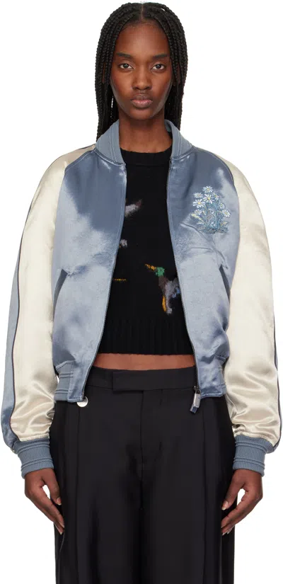 Burberry Blue & Off-white Ekd Satin Bomber Jacket In Flood