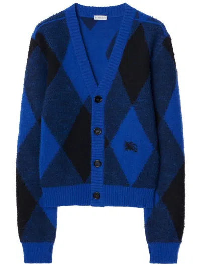 Burberry Argyle Wool Cardigan In Blue