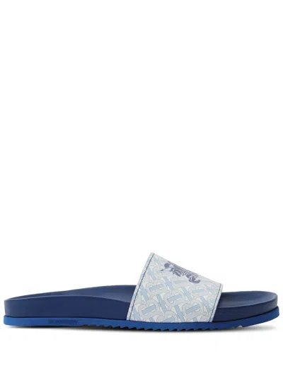 BURBERRY BLUE CALF GRAIN LEATHER SLIP-ON SANDALS FOR MEN