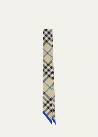 Burberry Blue Check Print Silk Twill Skinny Scarf In Lichen