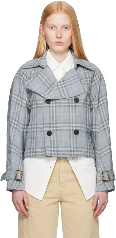 Burberry Check Silk Blend Trench Jacket In Blue
