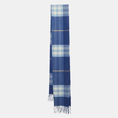 Pre-owned Burberry Blue Checked Cashmere Fringed Stole