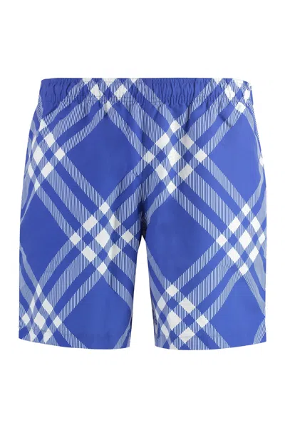 Burberry Blue Checked Swim Shorts For Men In Navy