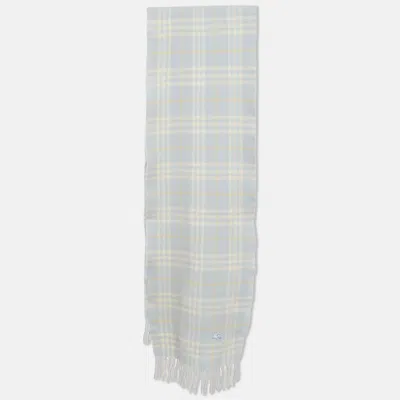 Pre-owned Burberry Blue Checked Wool Fringed Scarf