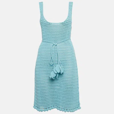 Pre-owned Burberry Blue Crochet Belted Sheer Tank Dress L