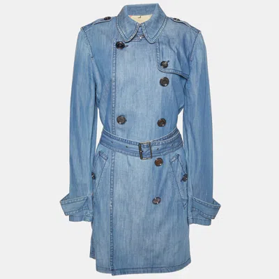 Pre-owned Burberry Blue Denim Double Breasted Belted Trench Coat M