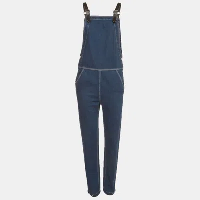 Pre-owned Burberry Blue Denim Leather Trim Contrast Stitch Overalls Xs