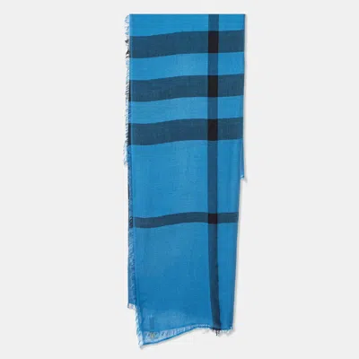 Pre-owned Burberry Blue Giant Check Fringed Cashmere Scarf