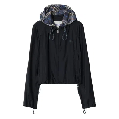 Burberry Newcott Navy Jacket With Checkered Hood In Black