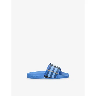 Burberry Blue Kids' Furley Checked Rubber Slides Eur 27 / 9 Uk