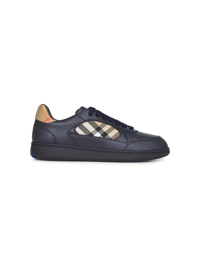 BURBERRY BLUE LEATHER AND CHECK TERRACE SNEAKERS