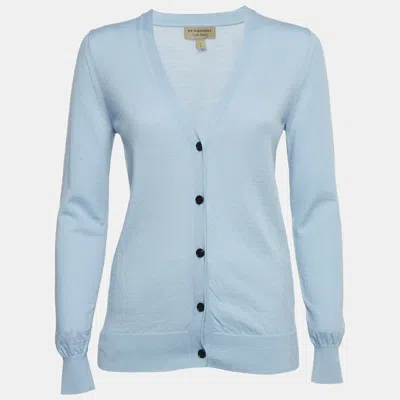 Pre-owned Burberry Blue Merino Wool Patch Detail Button Front Cardigan S