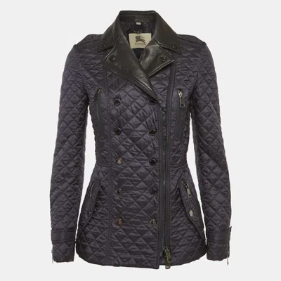 Pre-owned Burberry Blue Navy Blue Nylon And Leather Quilted Jacket Xs