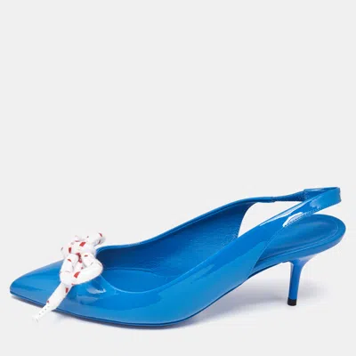 Pre-owned Burberry Blue Patent Leather Fink Bow Slingback Pumps Size 36.5