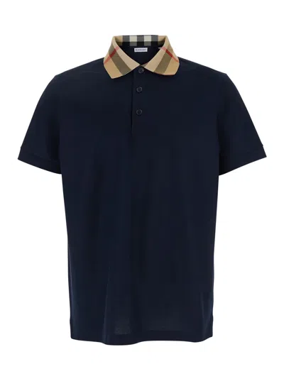 Burberry Blue Polo Shirt With Collar With Vintage Check Motif In Cotton Man In Multicolor