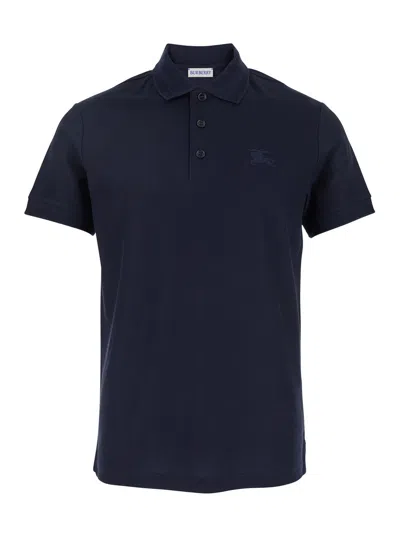 Burberry Blue Polo With Classic Collar And Equestrian Knight Motif Embroidered On The Chest In Cotto In Multicolor