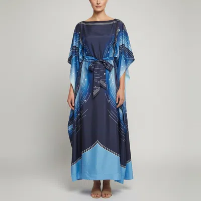 Pre-owned Burberry Blue Printed Silk Belted Long Cape One Size