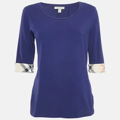 Pre-owned Burberry Blue Stretch Cotton Nova Check Trim T-shirt L