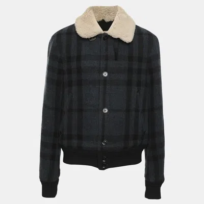 Pre-owned Burberry Blue Tartan Print Cotton And Wool Shearling Collar Jacket M