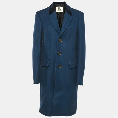 Pre-owned Burberry Blue Velvet Collar Wool Coat L