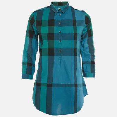 Pre-owned Burberry Blue/green Nova Check Print Cotton Top Xs