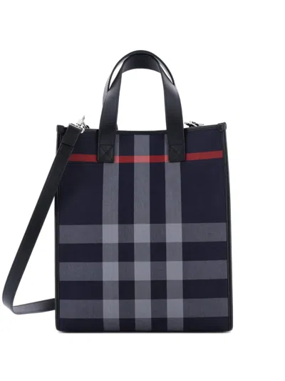 Pre-owned Burberry Book Check E-canvas Medium Tote Bag In Blue