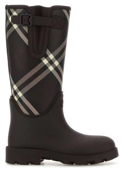 Burberry Rubber Marsh Stamp Check Rain Boots In Brown