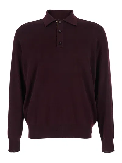 BURBERRY BORDEAUX POLO SHIRT WITH CLASSIC COLLAR AND CHECK DETAIL IN WOOL MAN