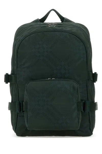 Burberry Bottle Green Nylon Blend Check Backpack In Vine