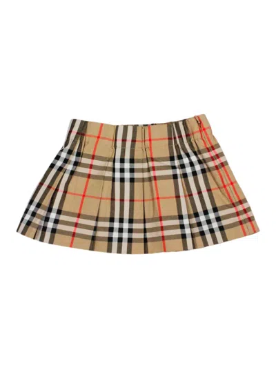 Burberry Babies' Pleated Cotton Skirt With Check Pattern With Elastic Waist And Side Zip Closure In Beige
