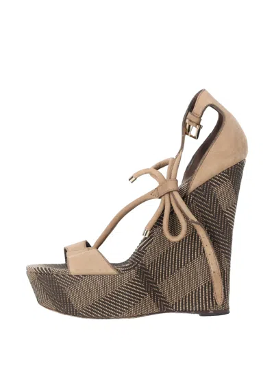 Pre-owned Burberry Bow T-strap Heeled Sandals In Brown
