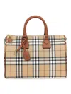 Burberry Checkered Canvas Medium Handbag With Leather Trim In Beis