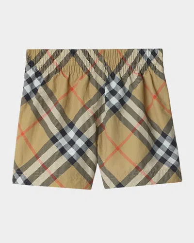 Burberry Kids' Boy's Atticus Long Check Swim Trunks In Sand Ip Check