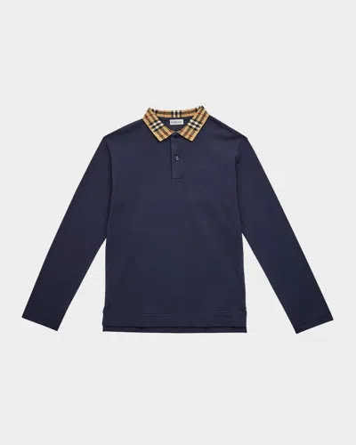 Burberry Kids' Boy's Johane Check-collar Polo Shirt In Blue