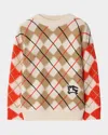 Burberry Boy's Kevin Ekd Argyle Wool Sweater In Orange Red Ip Pat