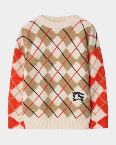 Burberry Kids' Boy's Kevin Ekd Argyle Wool Sweater In Orange Red